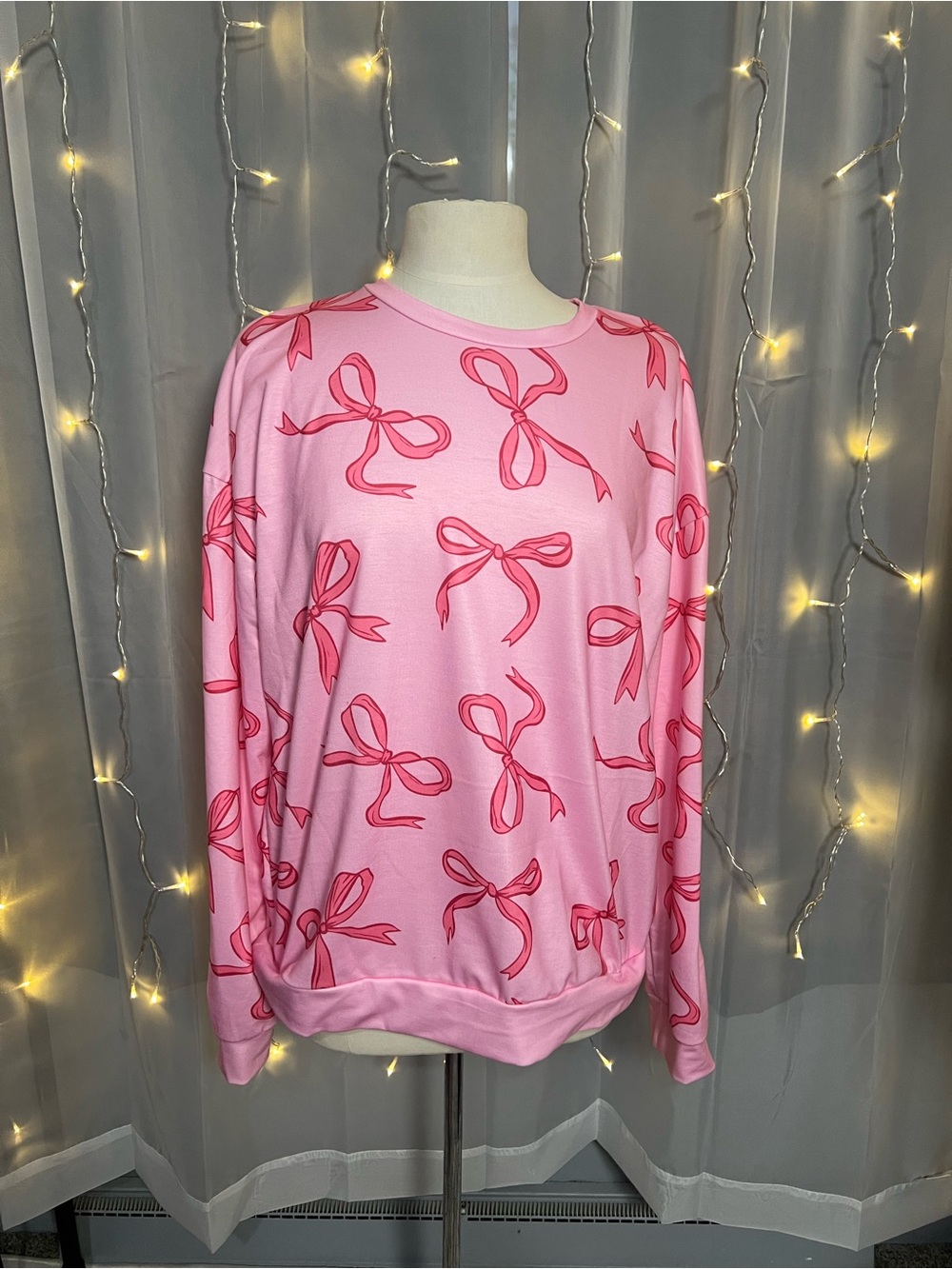 Boutique Pink Bow Print Pullover Sweatshirt XL